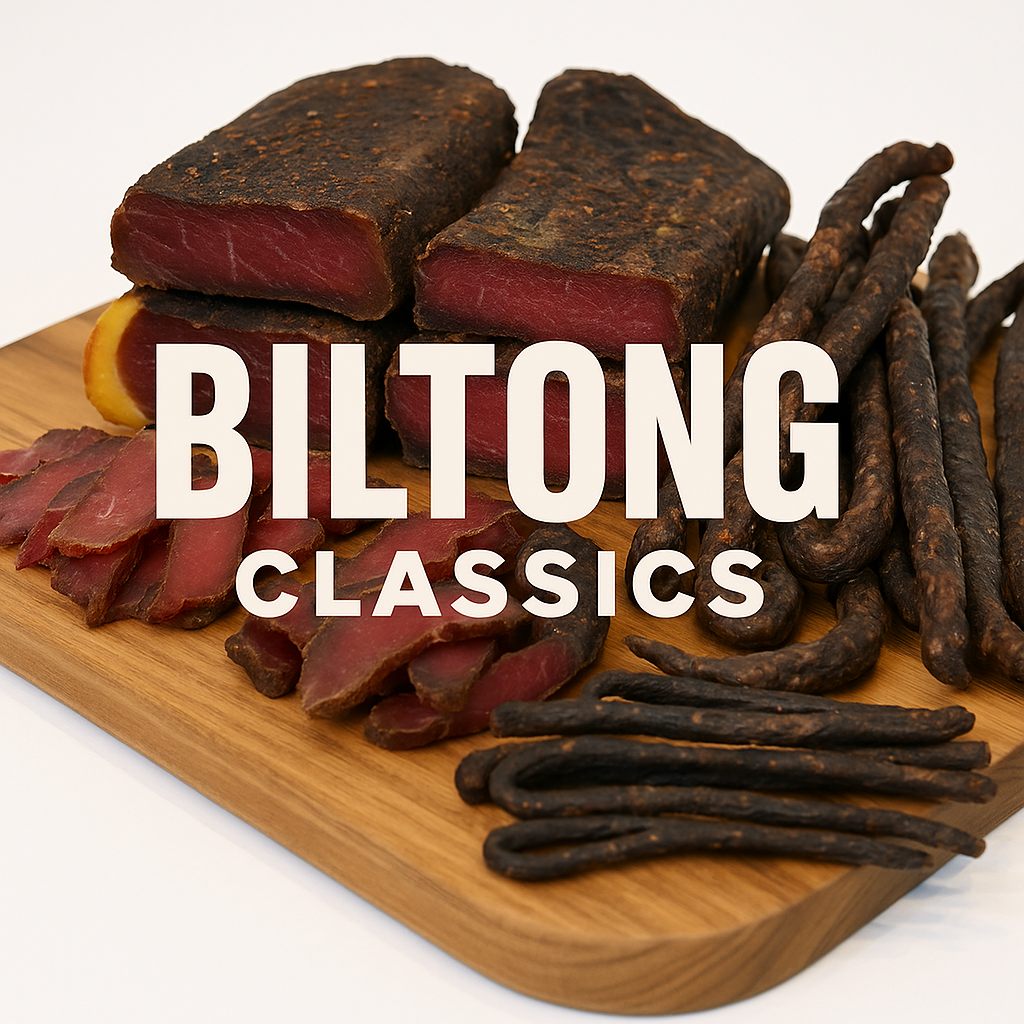 Classic South African biltong selection—droëwors, sliced slabs and stokkies from Biltong Boytjies