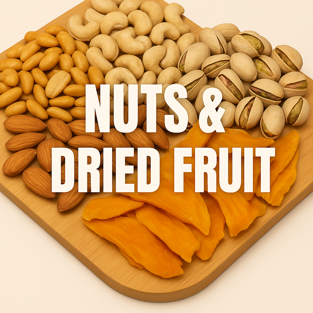 Nuts & dried fruit selection - almonds, cashews, mixed nuts and dried mango | Biltong Boytjies, South Africa